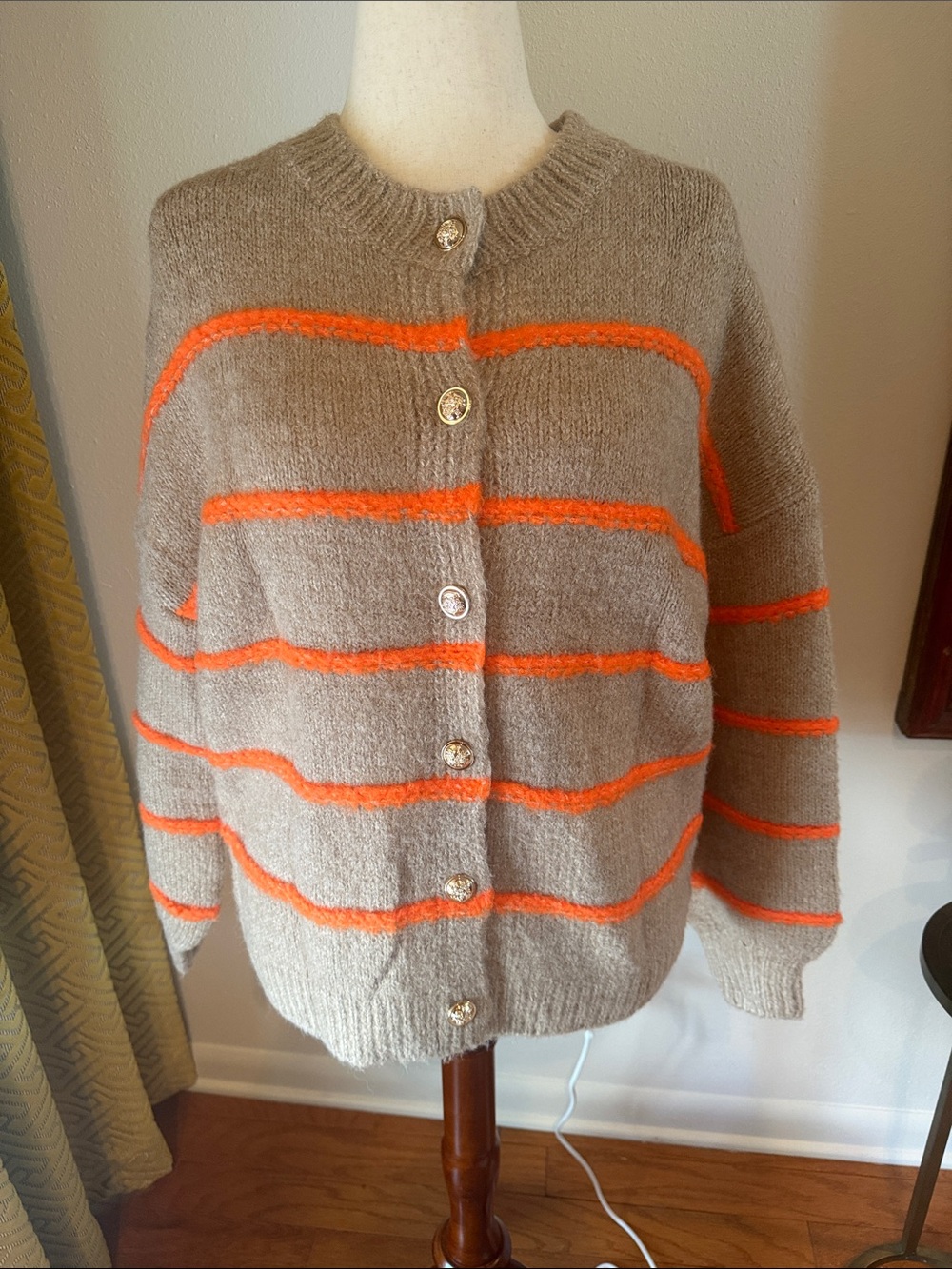 Beige and Orange Striped Knit Cardigan Sweater